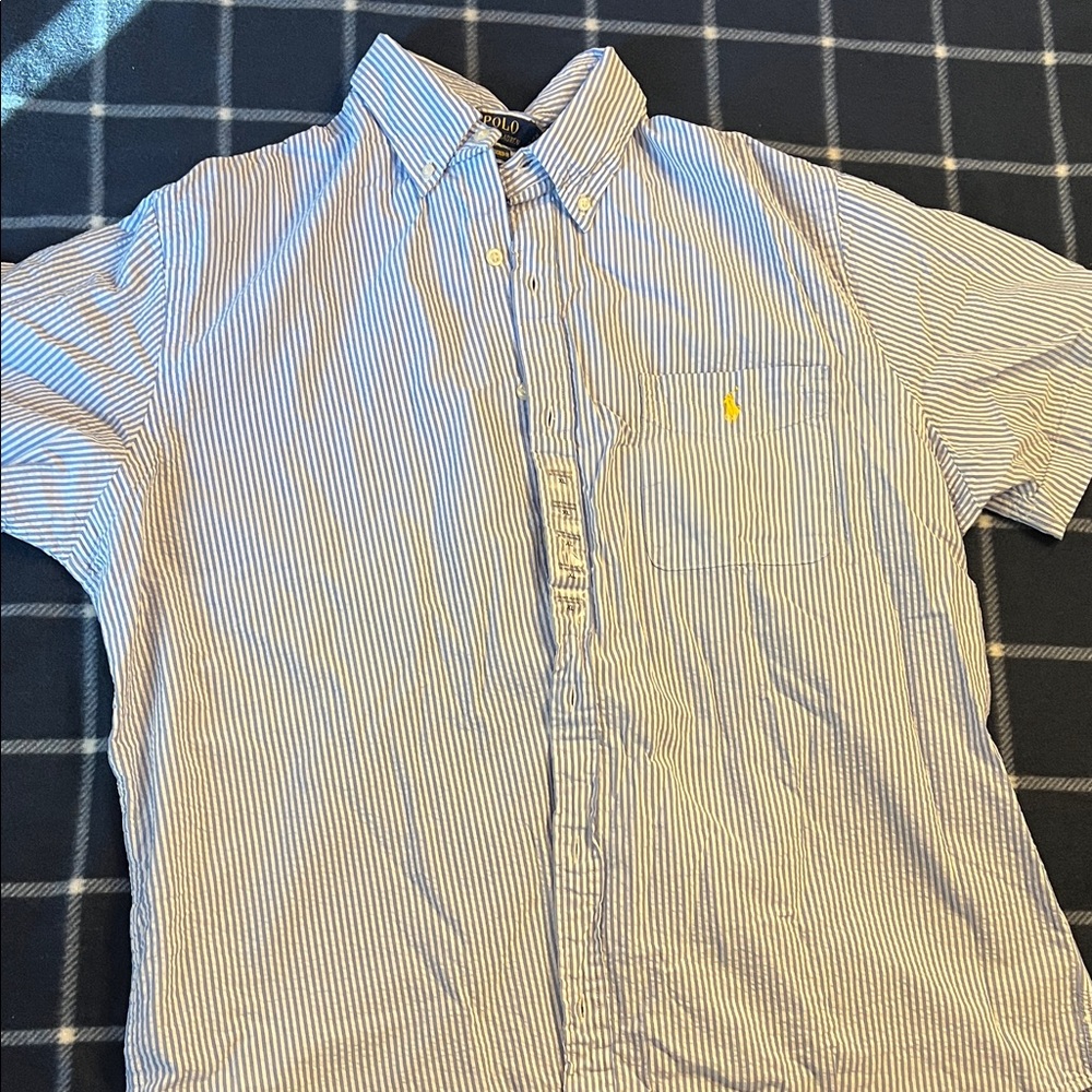 Polo Ralph Lauren Blue and White Striped Short Sleeve Dress Shirt